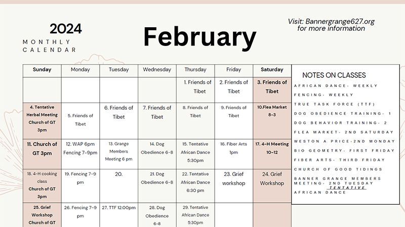 February Calendar - Banner Grange
